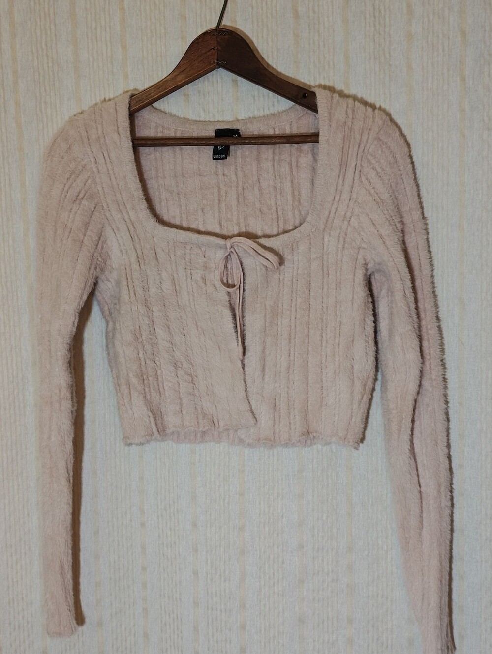 Windsor Fuzzy Ribbed Tie-Front Cardigan Top - Blush Pink